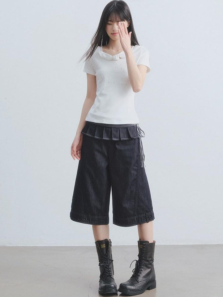 DDGIRL studio Washed High Waisted Pleated Soft Non Stretch Navy Solid Durable Wide Leg Jeans