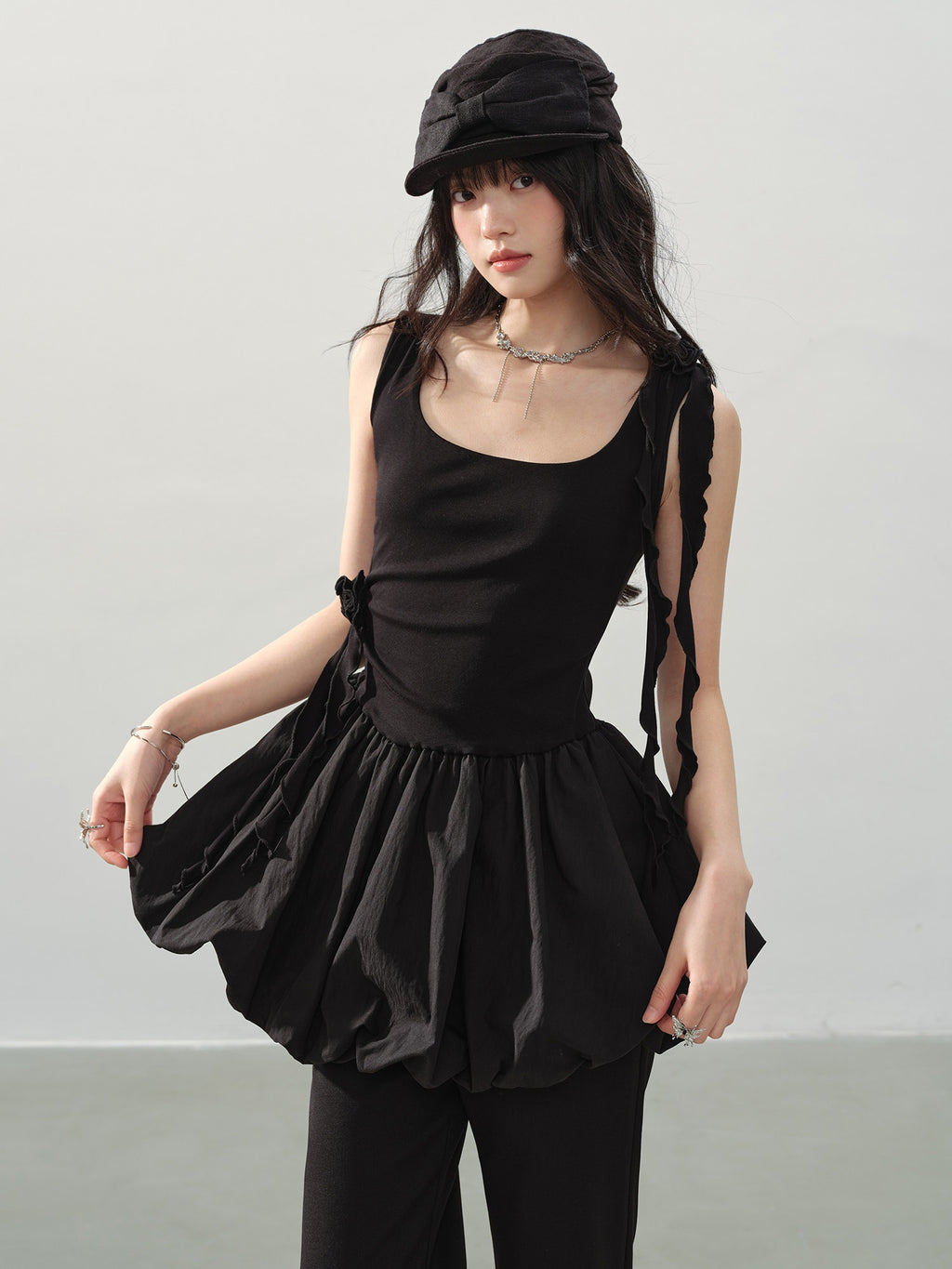 DDGIRL_studio_Soft_Cotton_Ruffle_Aline_Slim_Cute_Date_Sleeveless_U_Neck_Black_Mini_Dresses_MISSTT