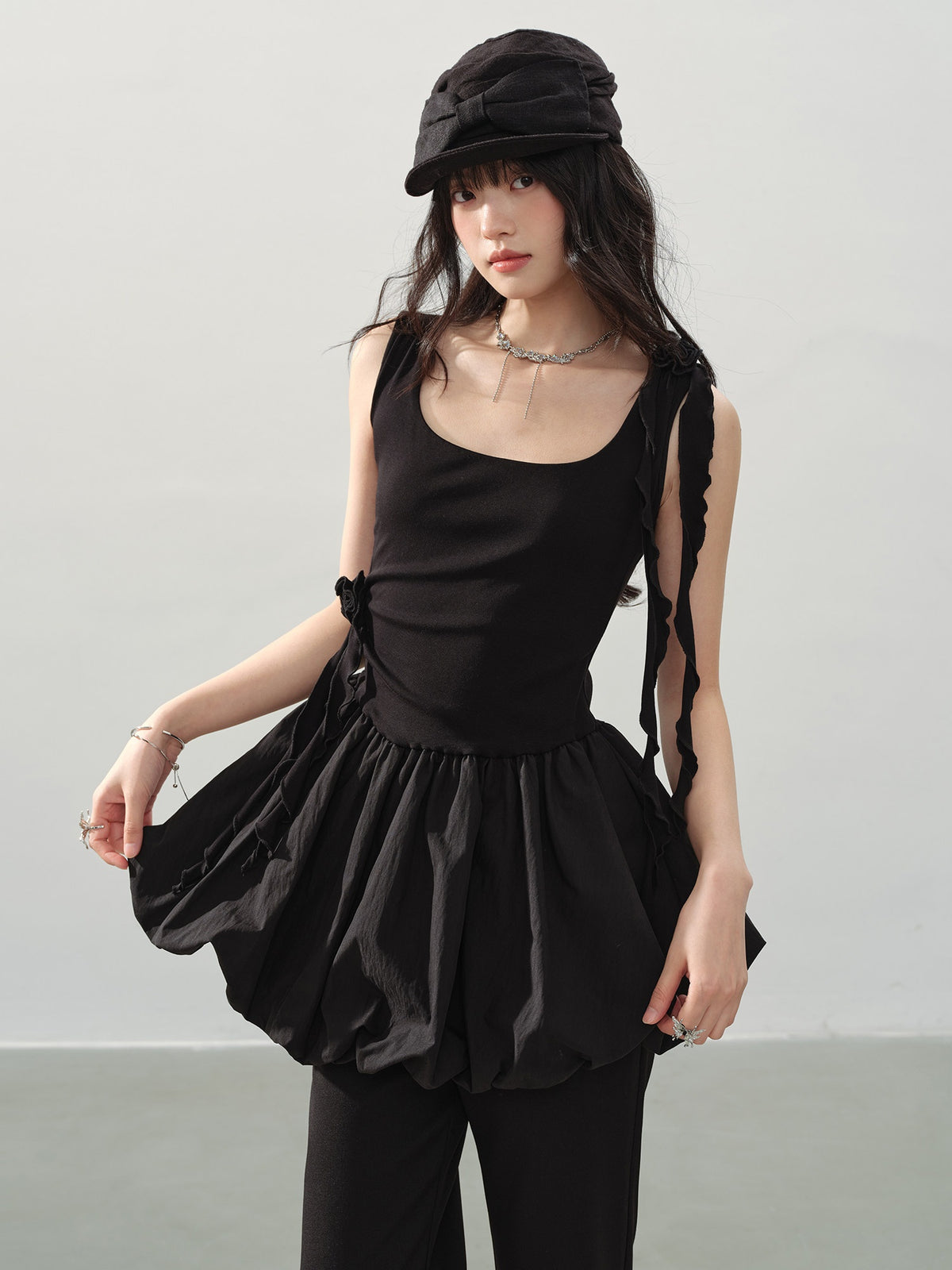 DDGIRL_studio_Soft_Cotton_Ruffle_Aline_Slim_Cute_Date_Sleeveless_U_Neck_Black_Mini_Dresses_MISSTT