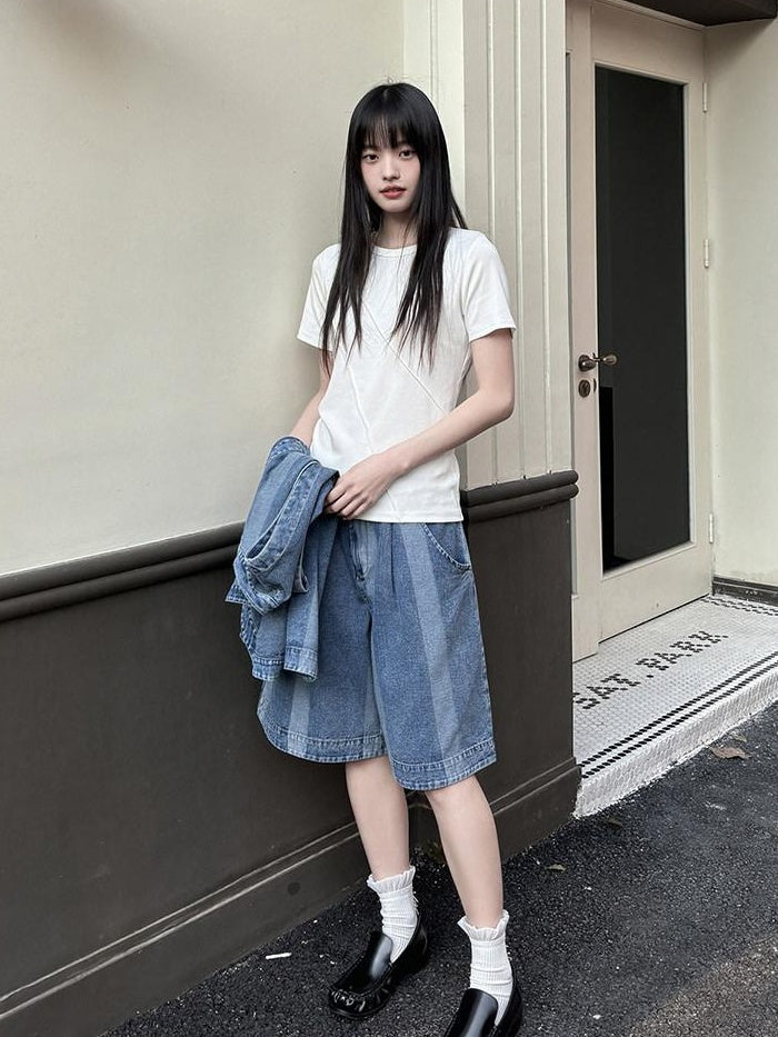 DDGIRL studio Stretch Cotton Blend Korean Straight Crew Neck White Short Sleeve T-Shirts
