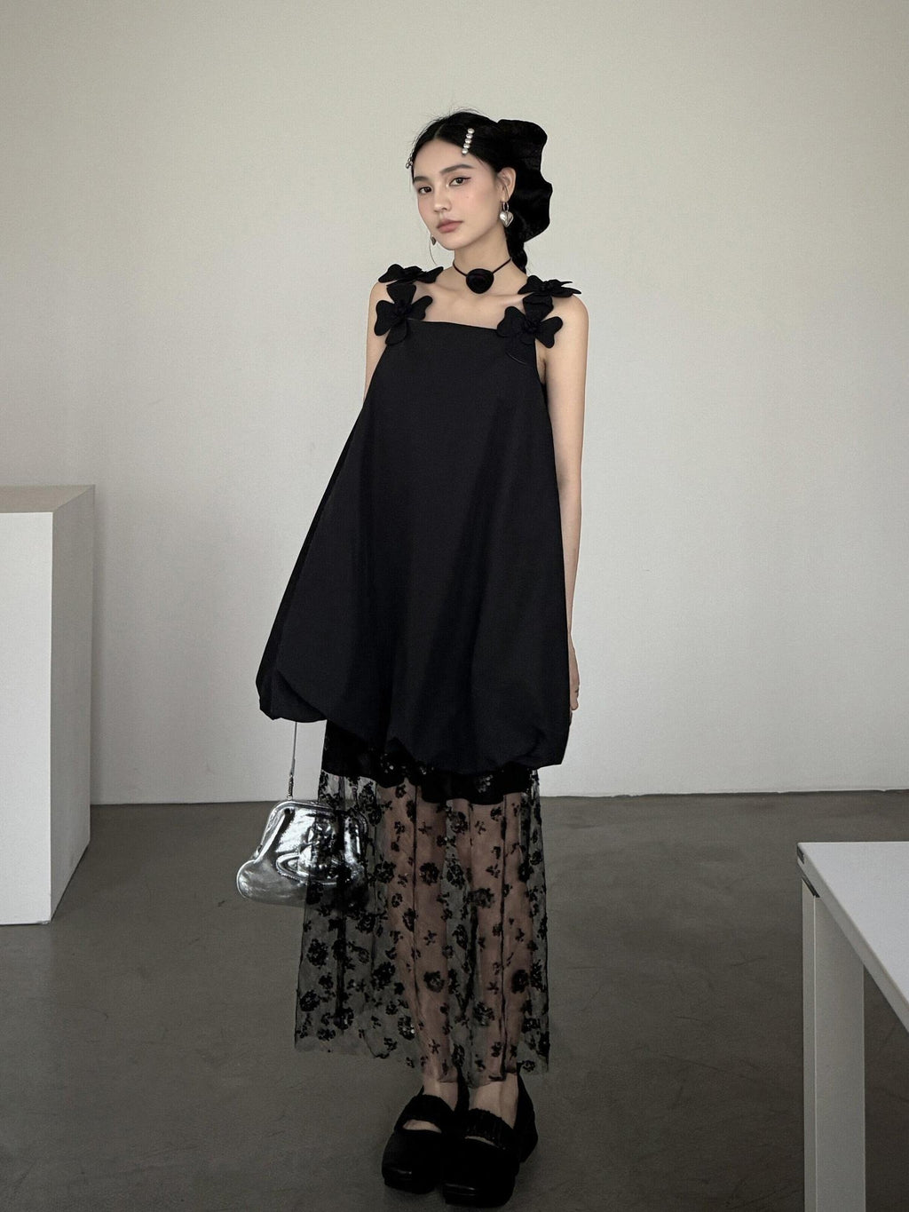 DDGIRL studio Washed Cotton Nylon Blend Strappy A Line Loose Waist Commuter Black Midi Dresses