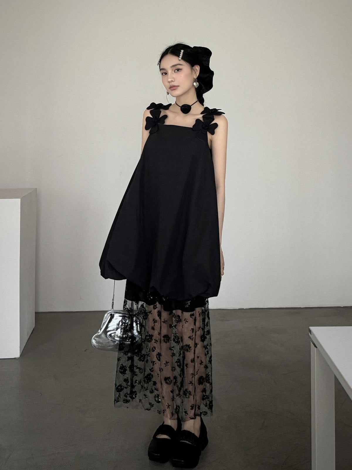 DDGIRL studio Washed Cotton Nylon Blend Strappy A Line Loose Waist Commuter Black Midi Dresses