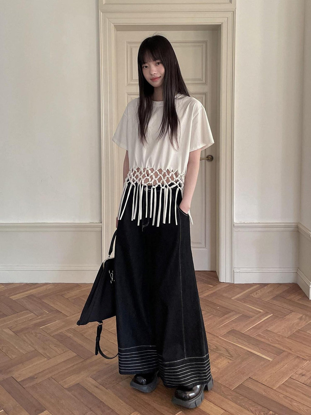 DDGIRL studio White Fringe Cropped Loose 100% Cotton Commuter Crew Neck Short Sleeve T-Shirts