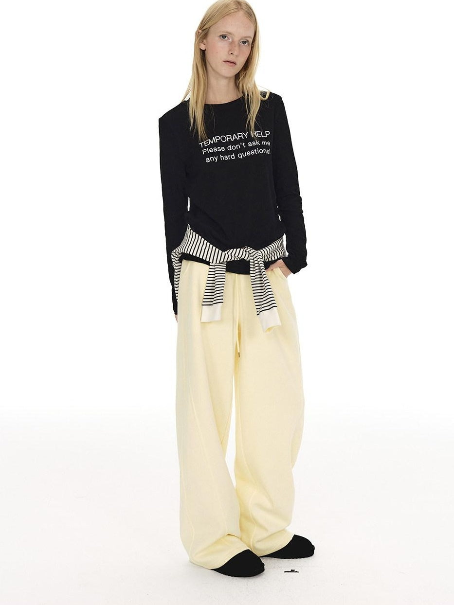 Country Moment Loose Wide Leg Drawstring Casual Unisex Cotton Blend Off White Straight Pants
