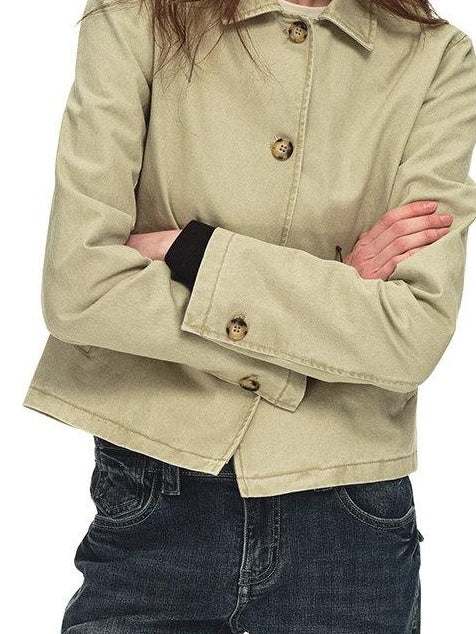 Country Moment Warm Vintage British Short Button Khaki Cotton Unisex Commuter Cropped Jackets