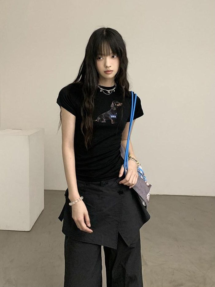 DDGIRL studio Quick Dry Lyocell Slim Fit Office Animal Print Black Short Sleeve T-Shirts