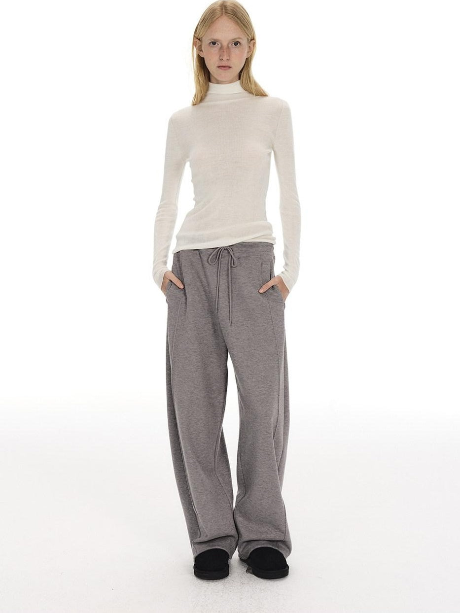 Country Moment Warm Wool Lined Pleated Drawstring Loose Fit Gray Straight Sweatpants