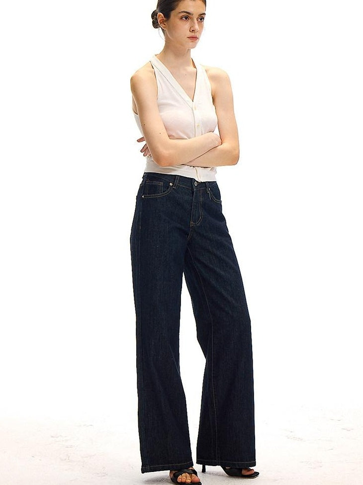 Country Moment High Rise Washed Relaxed Zip Fly Dark Navy Stretch Straight Leg Jeans