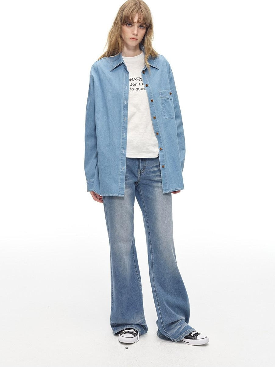 Country Moment Comfortable Low Rise Slim Fit Gradient Zipper Fly Washed Blue Flared Jeans