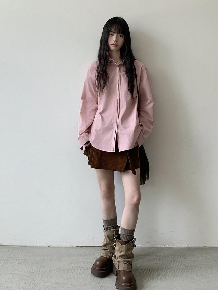 DDGIRL studio Breathable 100% Cotton Loose Fit Polo Collar Button Long Sleeve Pink Shirts