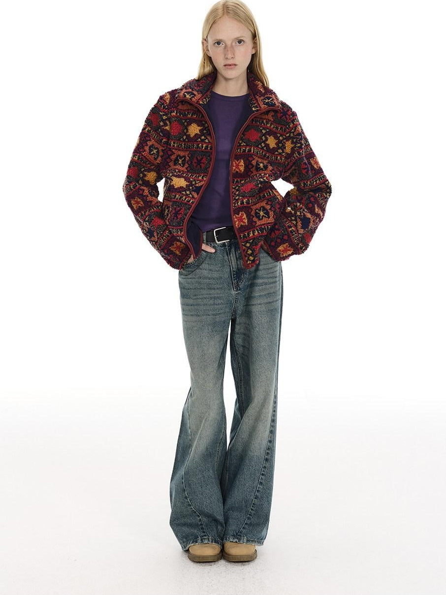 Country Moment Jacquard Thick Cooling Loose Ethnic Stand Collar Retro Red Zip Cropped Jackets