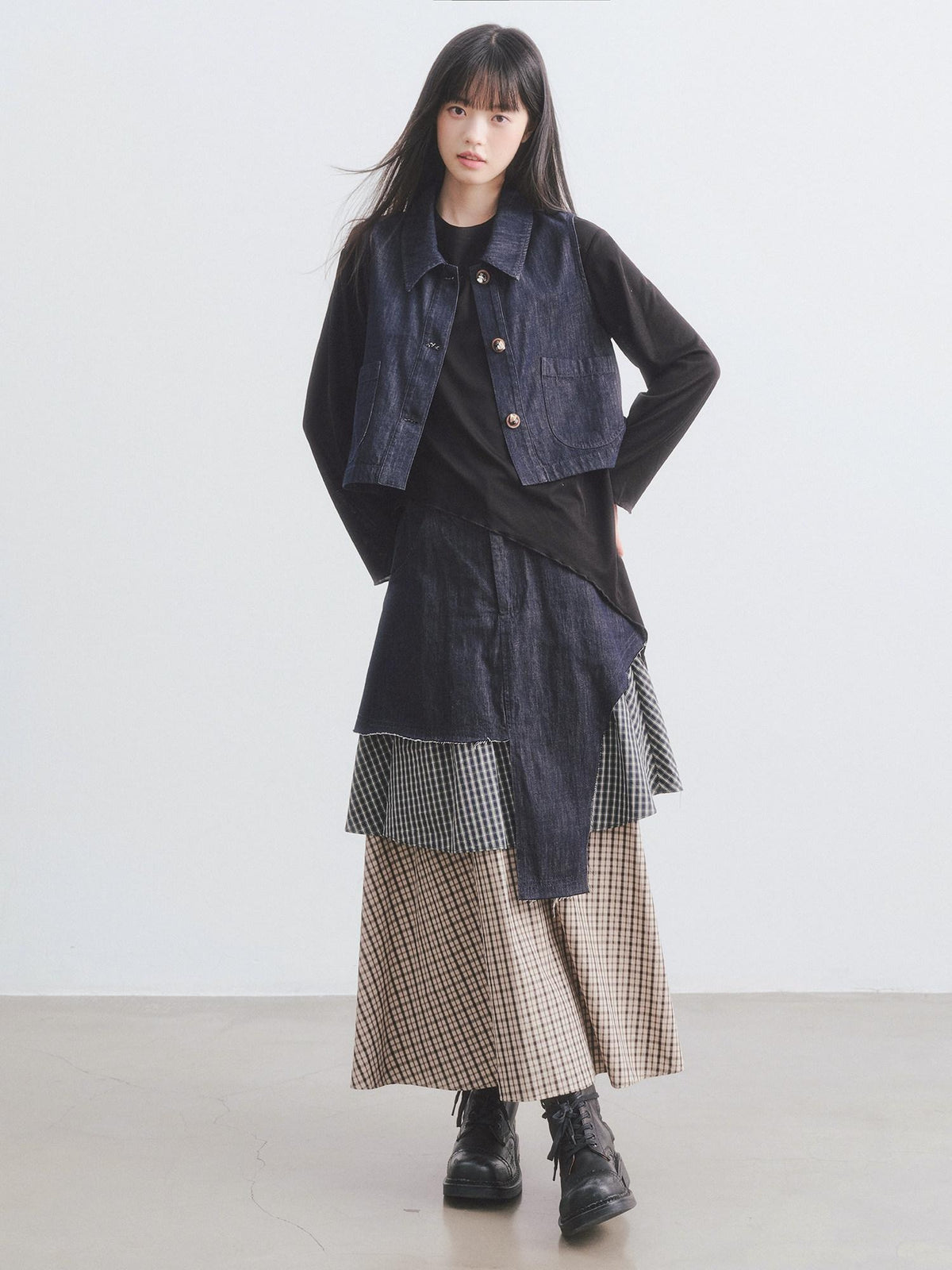 DDGIRL studio Asymmetric Plaid Leather Lapel Vest High Waist Skirt Women Top & Skirt Sets