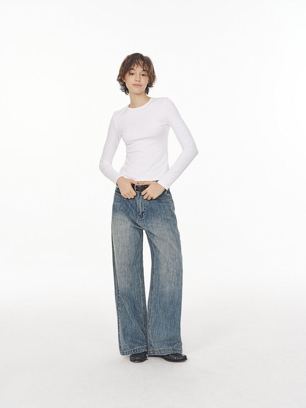 Country Moment High Waist Button Fly Non Stretch Blue Cotton Casual Youth Straight Leg Jeans