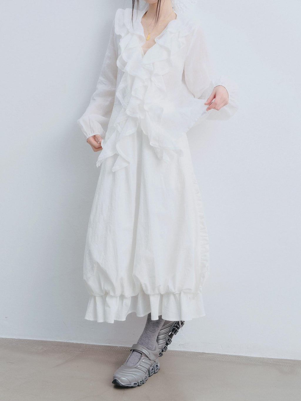 DDGIRL studio Durable Cotton High Waist Ruffle Lantern Lined White Midi Skirts