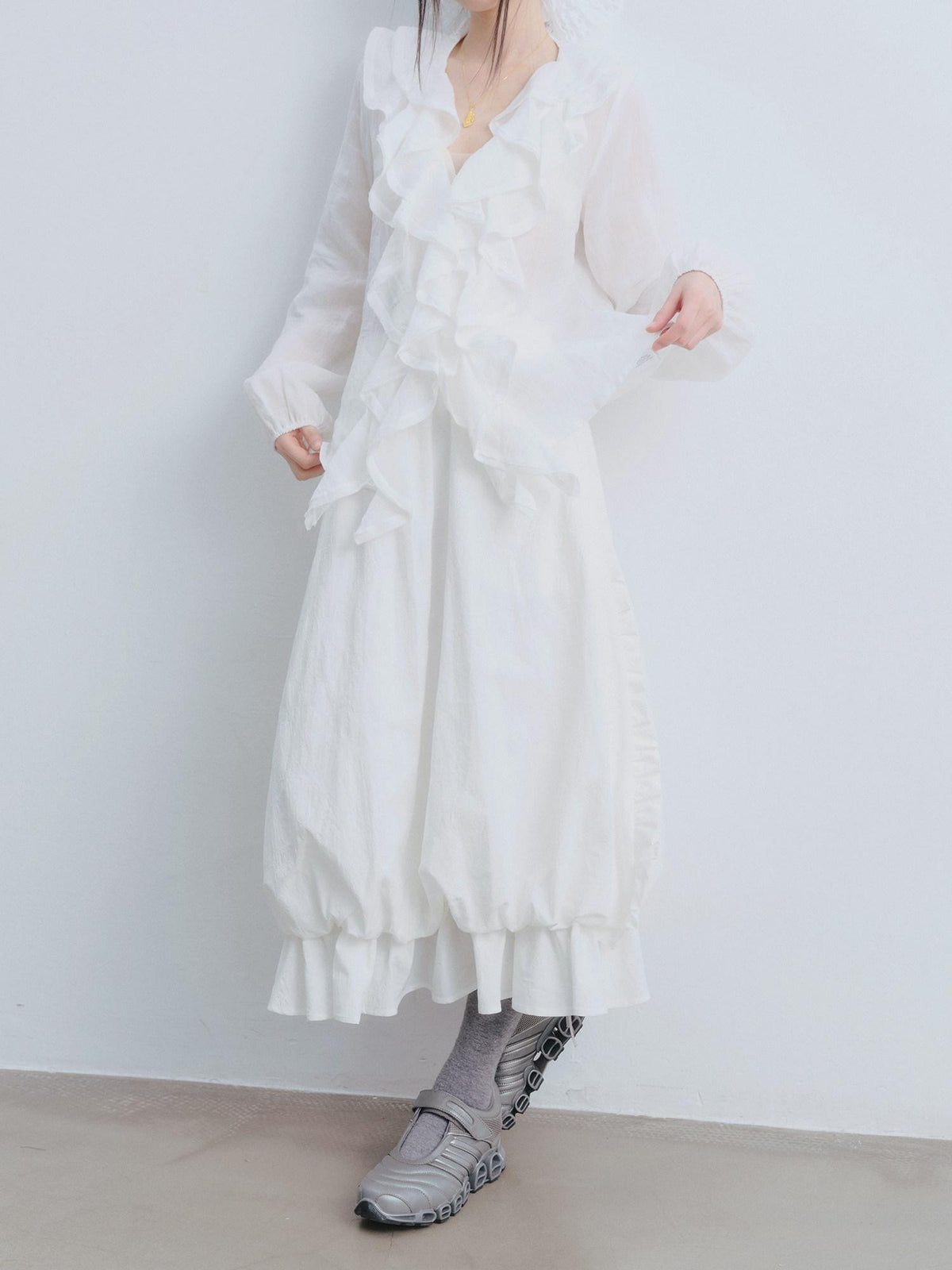 DDGIRL studio Durable Cotton High Waist Ruffle Lantern Lined White Midi Skirts