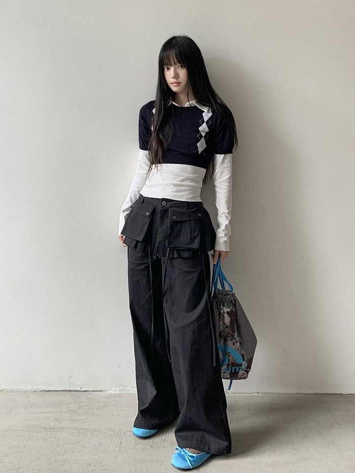 DDGIRL studio High Waist Zip Fly Pockets Relaxed Straight Leg Black Cotton Nylon Cargo Pants