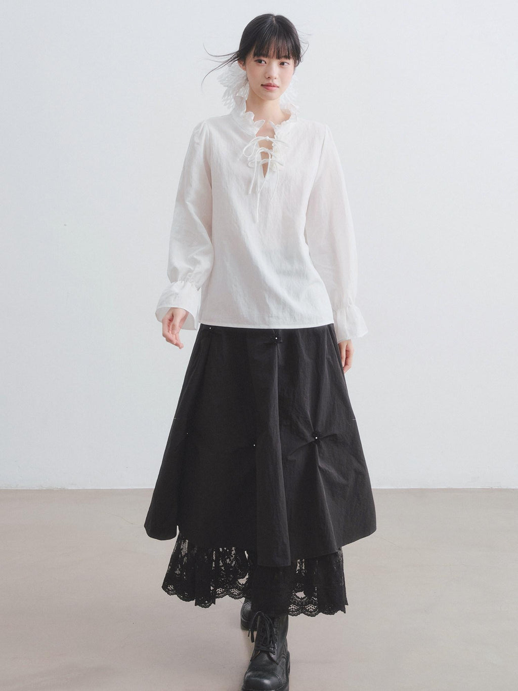 DDGIRL studio Breathable Non Deforming Ruffle Collar Bell Sleeve Straight Cut Commuter Shirts