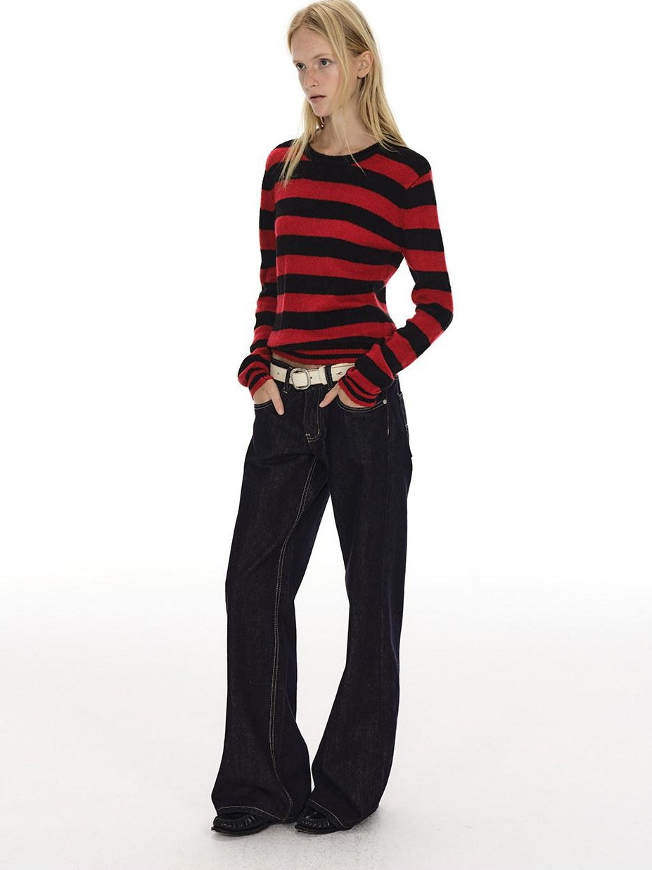 Country Moment Soft Wool Blend Vintage Striped Crewneck Regular Fit Womens Casual Knit Sweaters