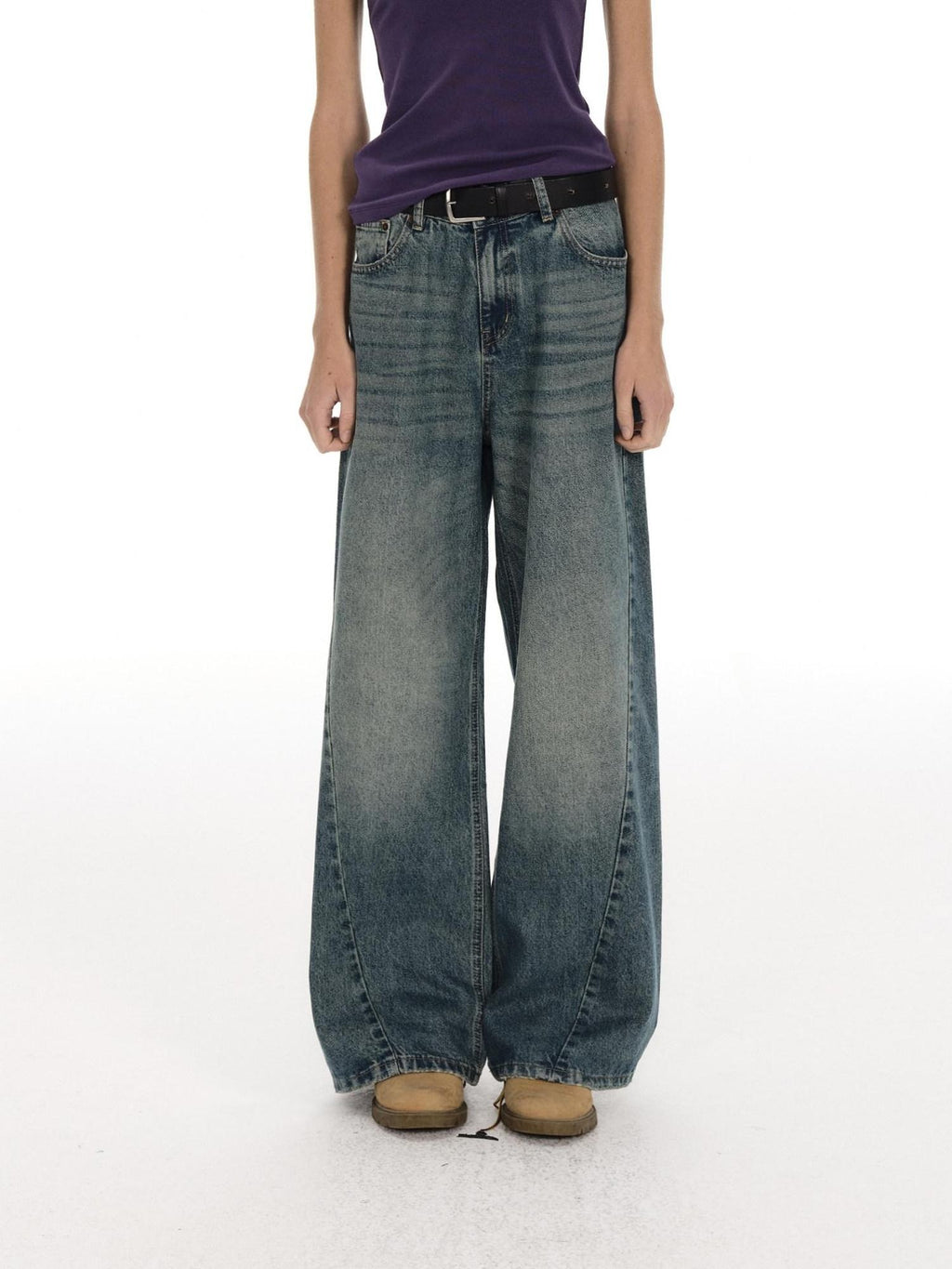 Country Moment Breathable Washed Blue Gradient Vintage Mid Rise Button Fly Wide Leg Jeans