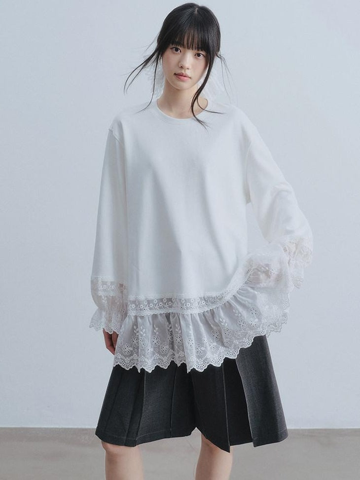 DDGIRL studio Layered Lace Oversized Puff Sleeve Womens Cotton White Long Sleeve T-Shirts