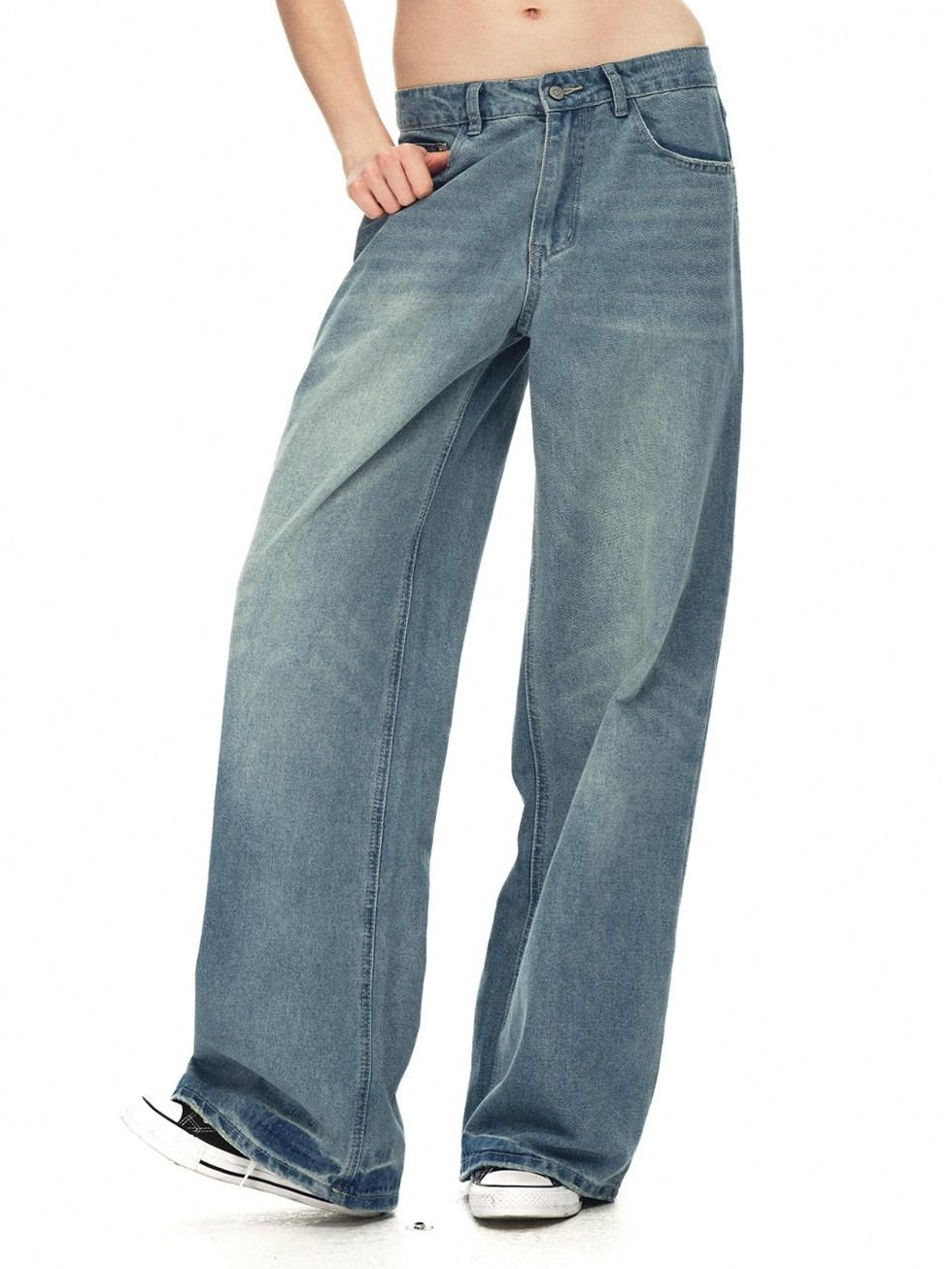 Country Moment Soft Breathable Mid Rise Stone Wash Loose Casual Unisex Denim Blue Wide Leg Jeans