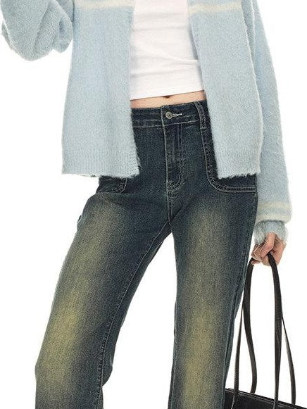 Country Moment Vintage Distressed Low Rise Retro Flare Women Daily Denim Blue Flared Jeans