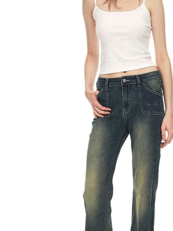 Country Moment Vintage Distressed Low Rise Retro Flare Women Daily Denim Blue Flared Jeans