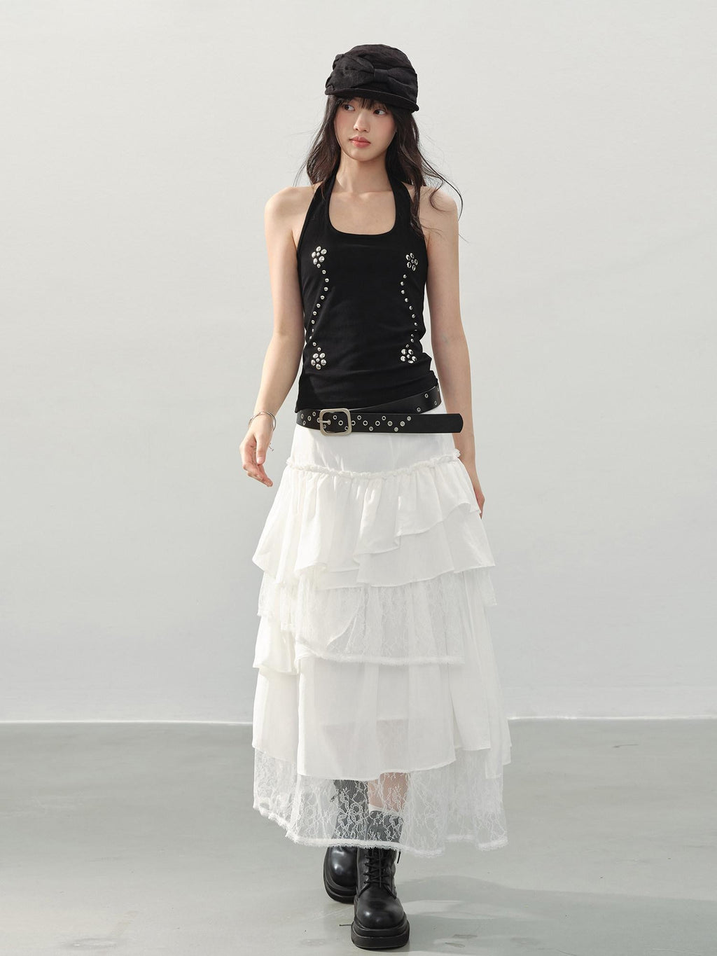 DDGIRL studio Shape Retaining Asymmetric Tiered High Waist Lined Lace Linen Women Midi Skirts