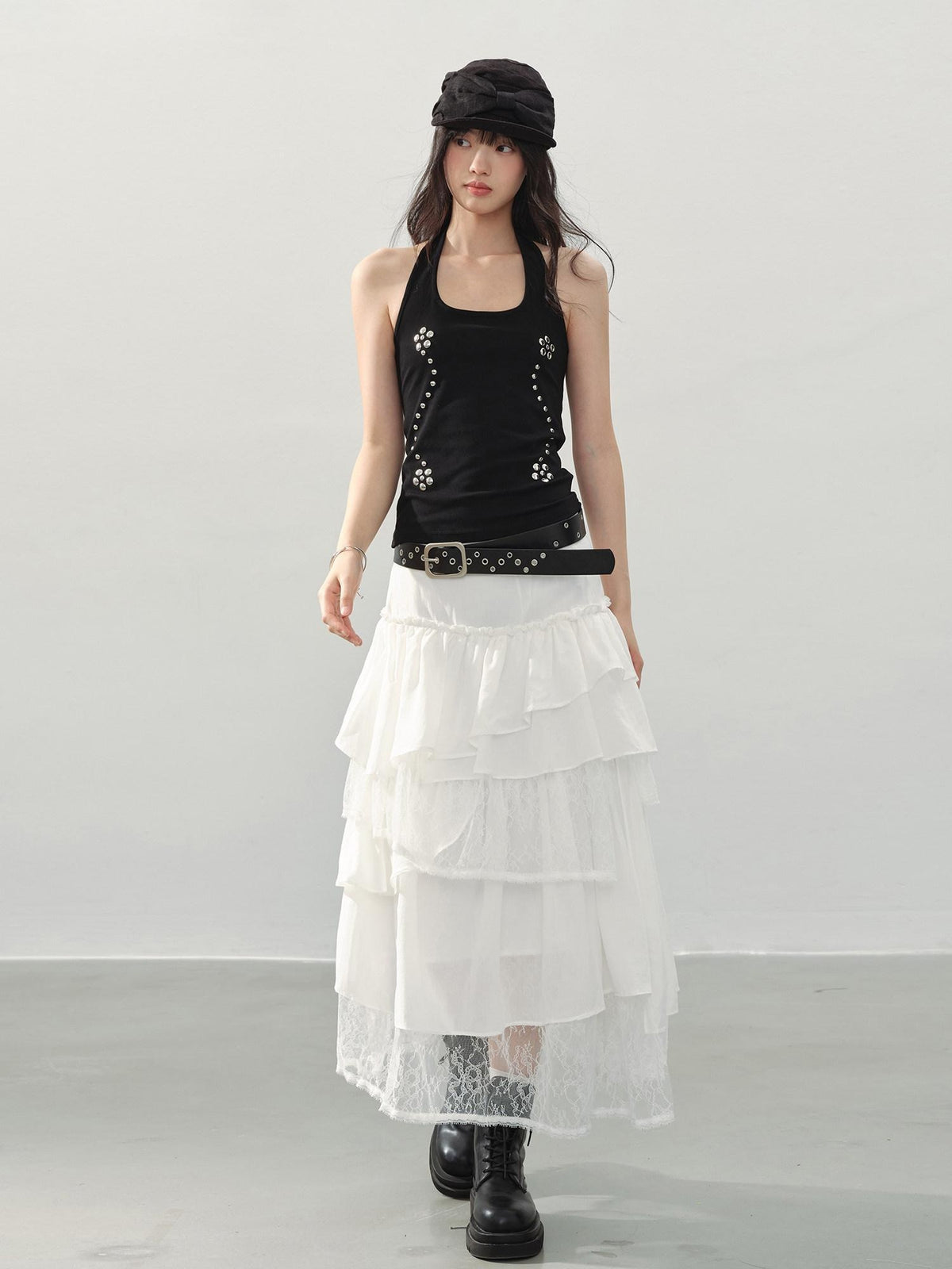 DDGIRL studio Shape Retaining Asymmetric Tiered High Waist Lined Lace Linen Women Midi Skirts