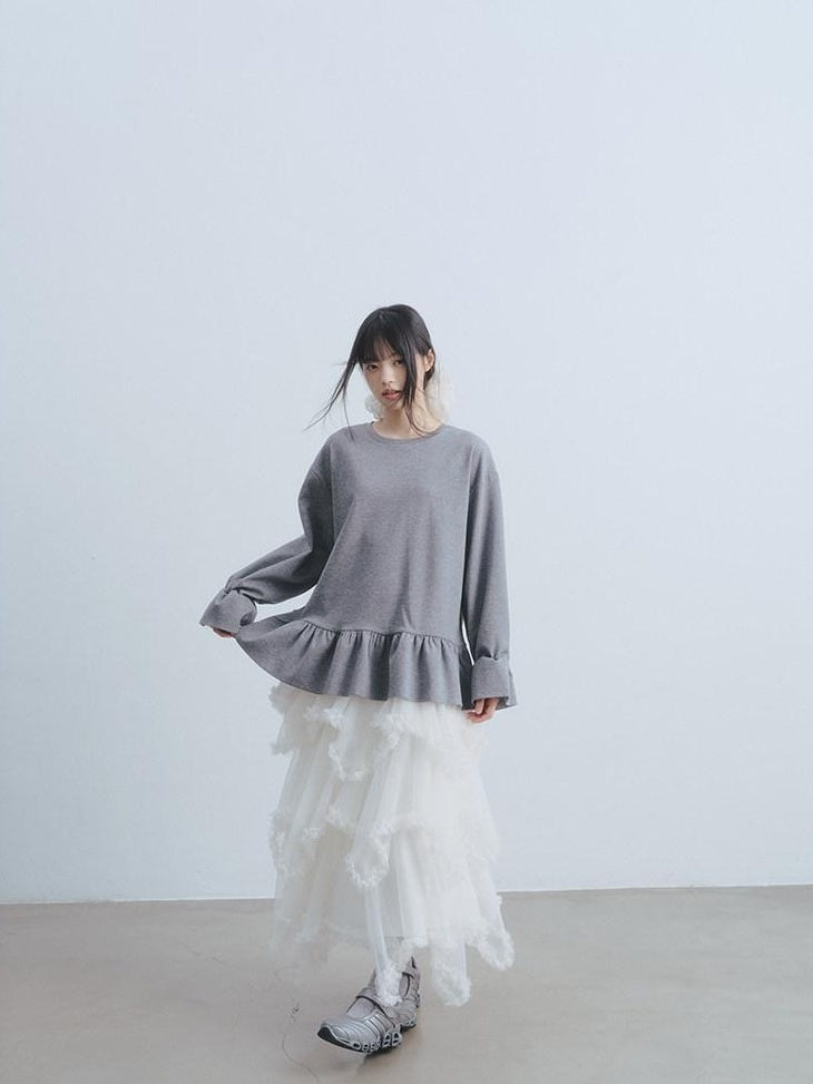 DDGIRL studio Lace Splice Pullover Loose Crewneck Womens Two Piece Long Sleeve T-Shirts