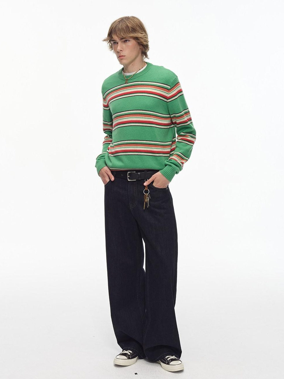Country Moment Warm Wool Blend Colorful Striped Crew Neck Short Regular Fit Unisex Sweaters