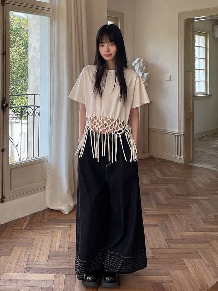DDGIRL studio White Fringe Cropped Loose 100% Cotton Commuter Crew Neck Short Sleeve T-Shirts