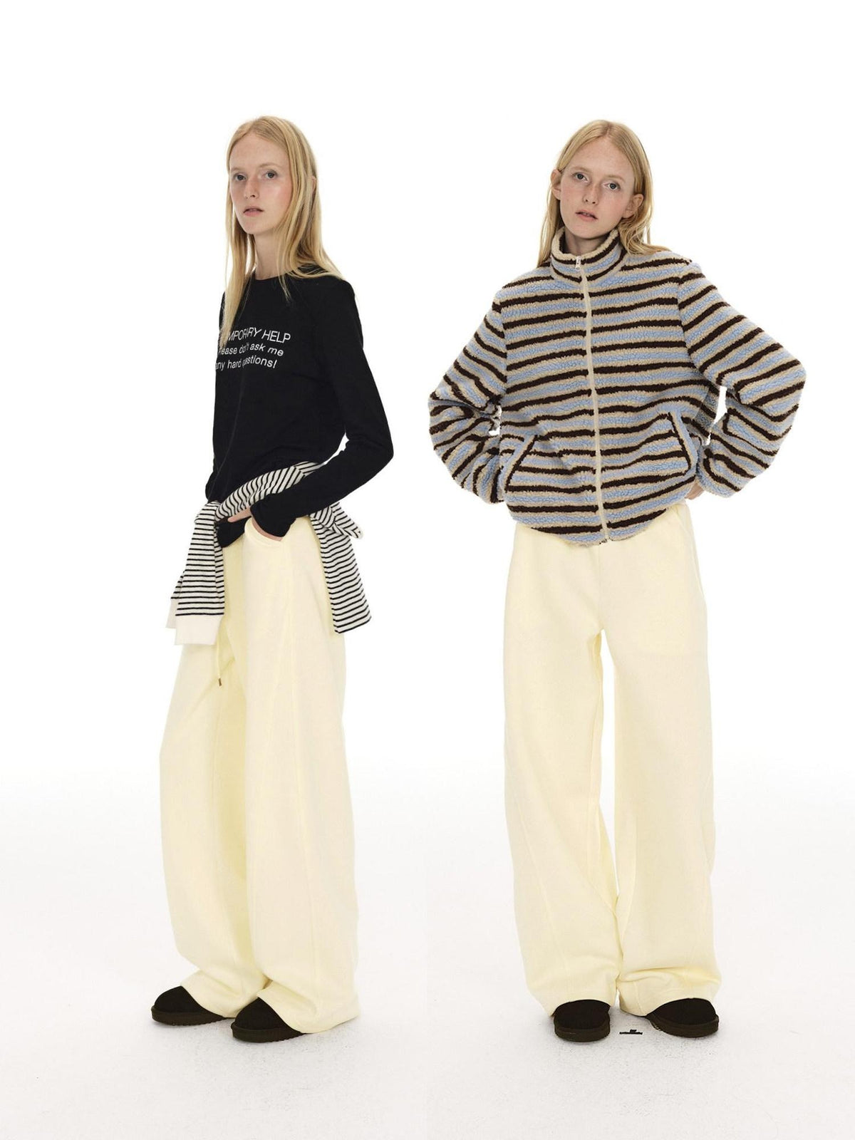 Country Moment Loose Wide Leg Drawstring Casual Unisex Cotton Blend Off White Straight Pants