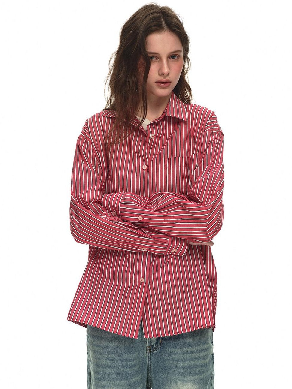 Country Moment 100% Cotton Vintage Oversized Red Stripe Button Long Sleeve Women Shirts