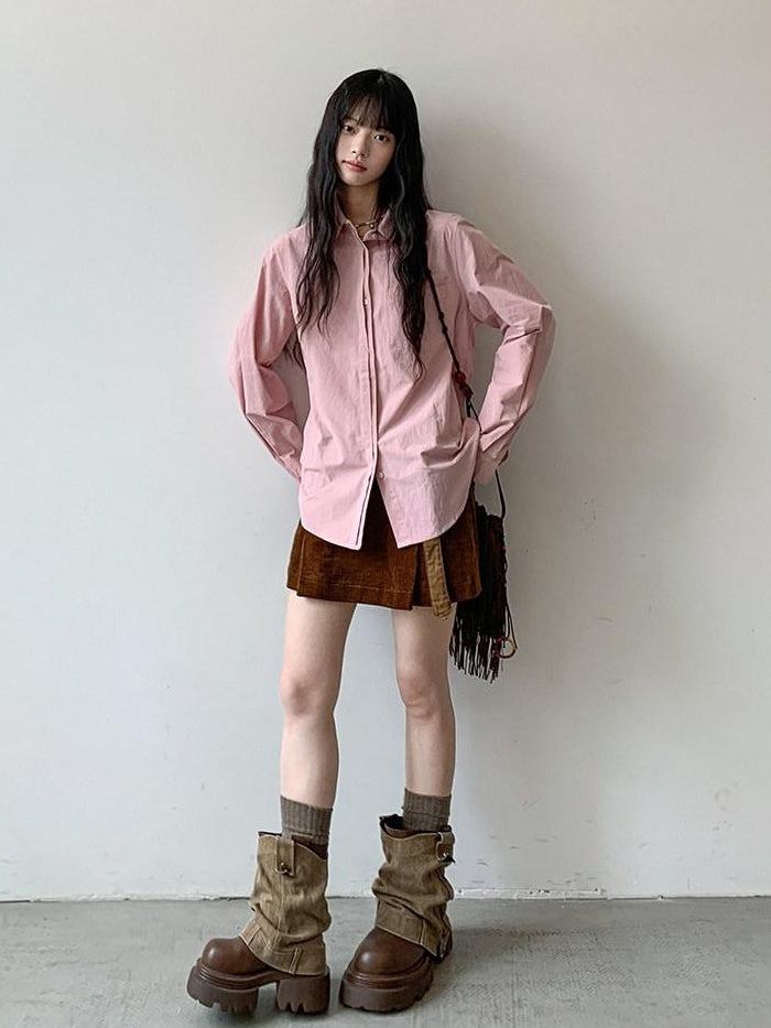 DDGIRL studio Breathable 100% Cotton Loose Fit Polo Collar Button Long Sleeve Pink Shirts
