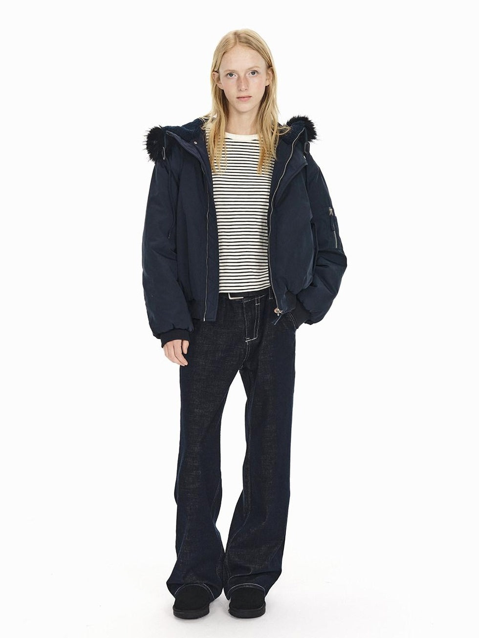 Country Moment Warm Hooded Retro Short Zip Ribbed Hem Unisex Navy Puffer Jackets