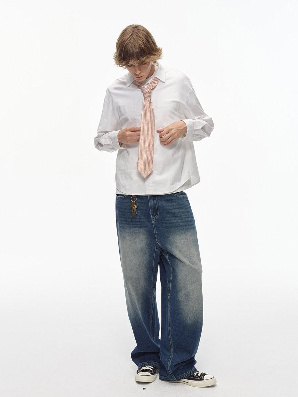 Country Moment Gradient Distressed Mid Rise Loose Straight Everyday Denim Blue Wide Leg Jeans