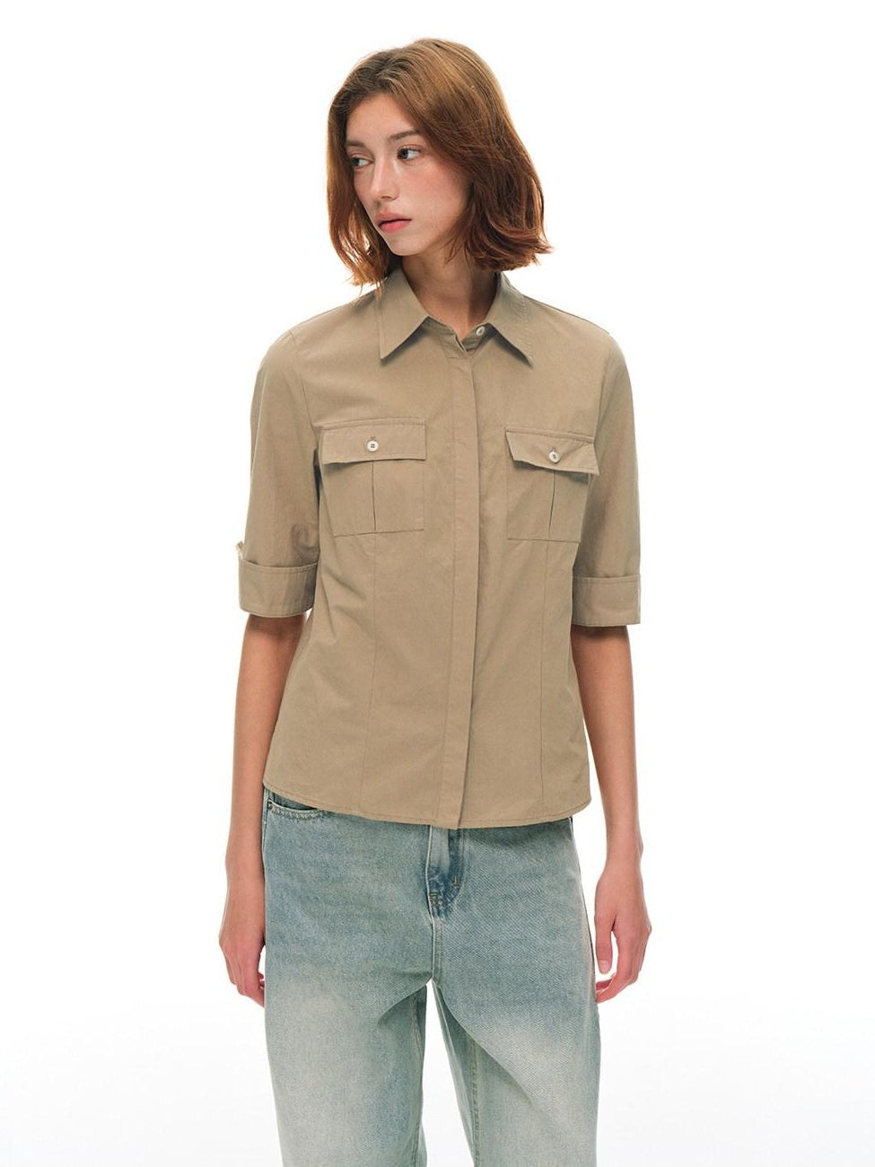 Country Moment Breathable Cotton Slim Fit Collared Half Sleeve Khaki Women Patch Pocket Shirts