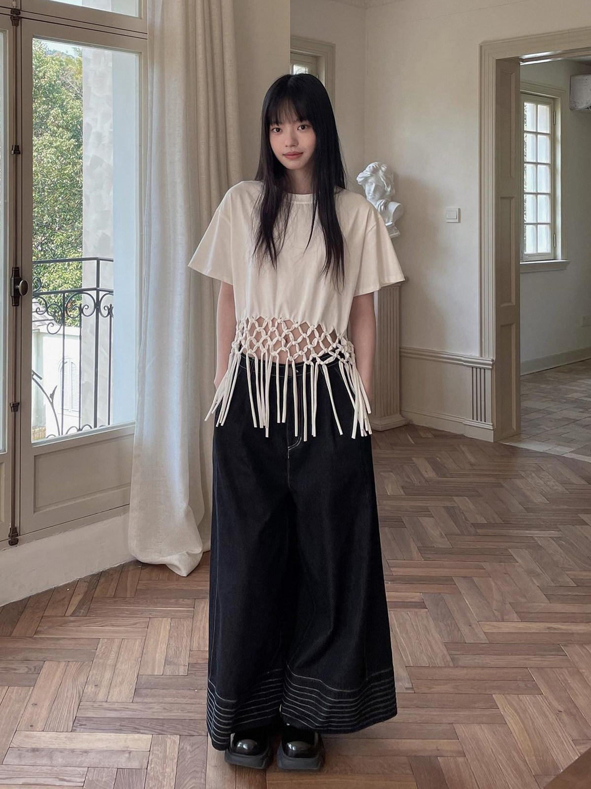 DDGIRL studio White Fringe Cropped Loose 100% Cotton Commuter Crew Neck Short Sleeve T-Shirts