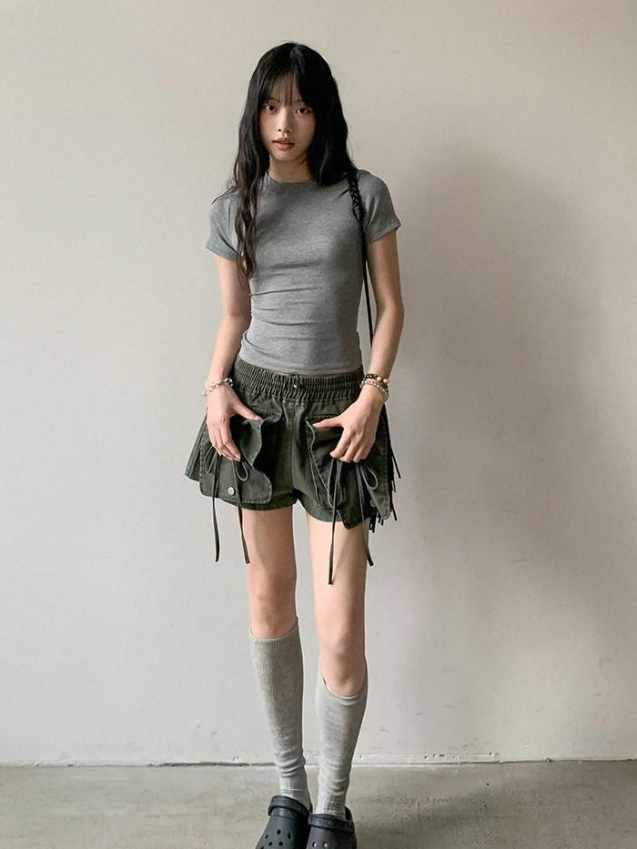 DDGIRL studio High Waist Faded 96 Percent Cotton Wide Leg Loose Fit Army Green Denim Shorts