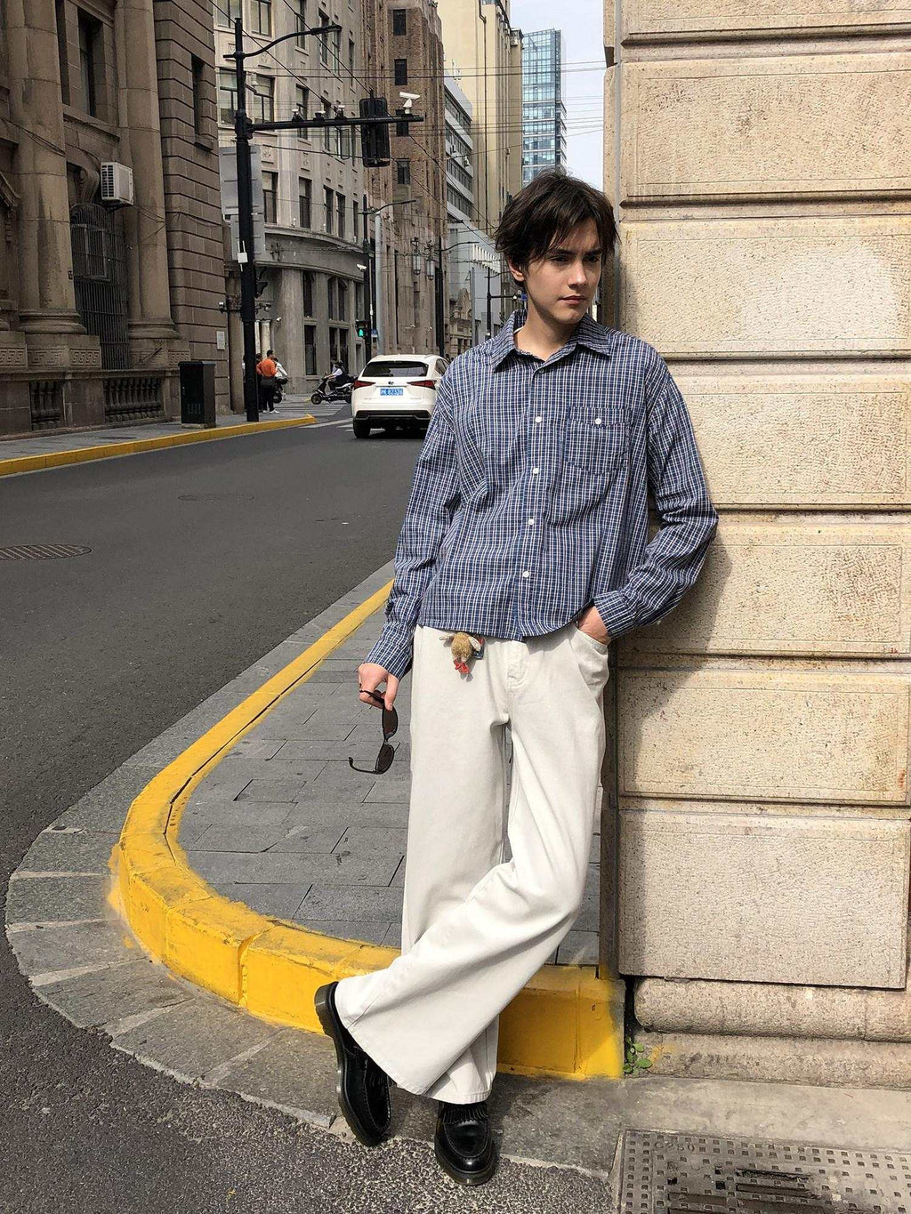 Country Moment 100% Cotton American Loose Square Neck Blue Plaid Teen Casual Long Sleeve Shirts