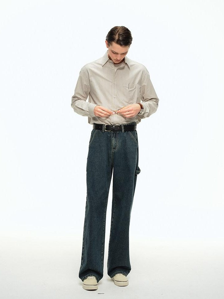 Country Moment Durable 100 Percent Cotton Vintage Blue Midrise Loose American Wide Leg Jeans