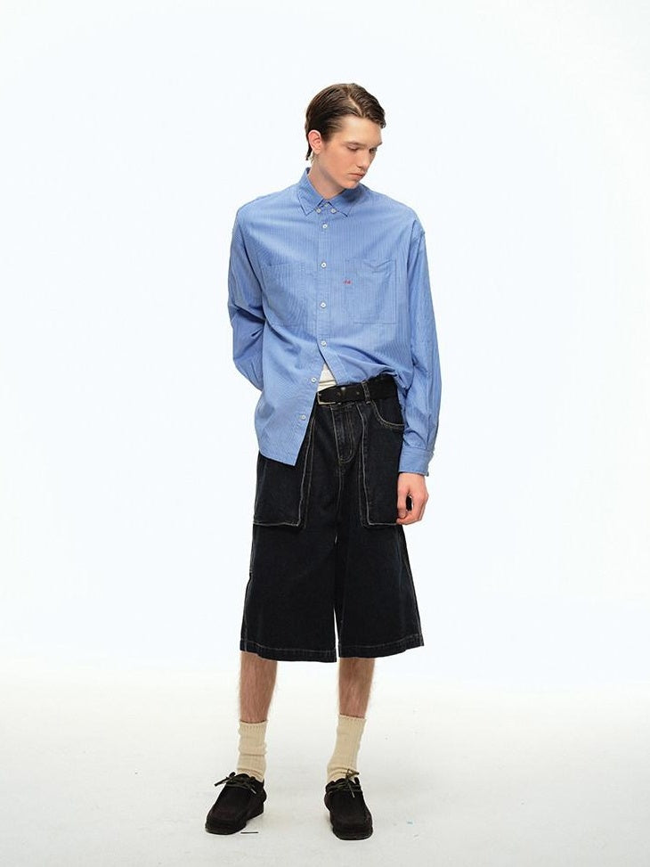 Country Moment Shape Retention Mid Rise Loose Straight Blue Denim Teen Cotton Mid-Length Shorts