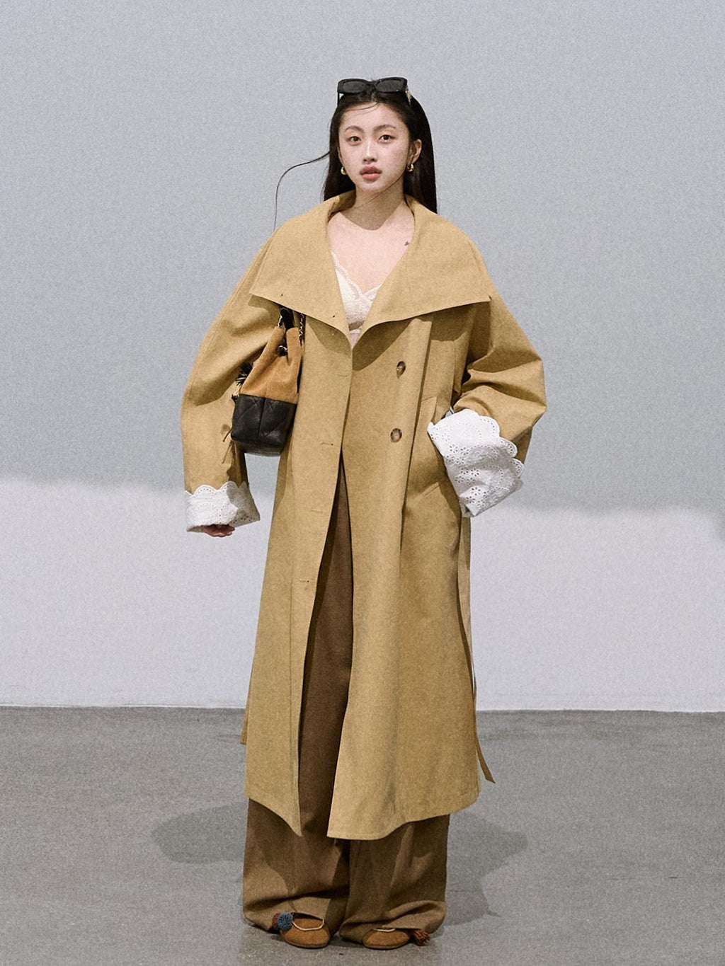 7 OAKMOO Cotton Lyocell Blend Oversized Stand Collar Amber Khaki Long Coats