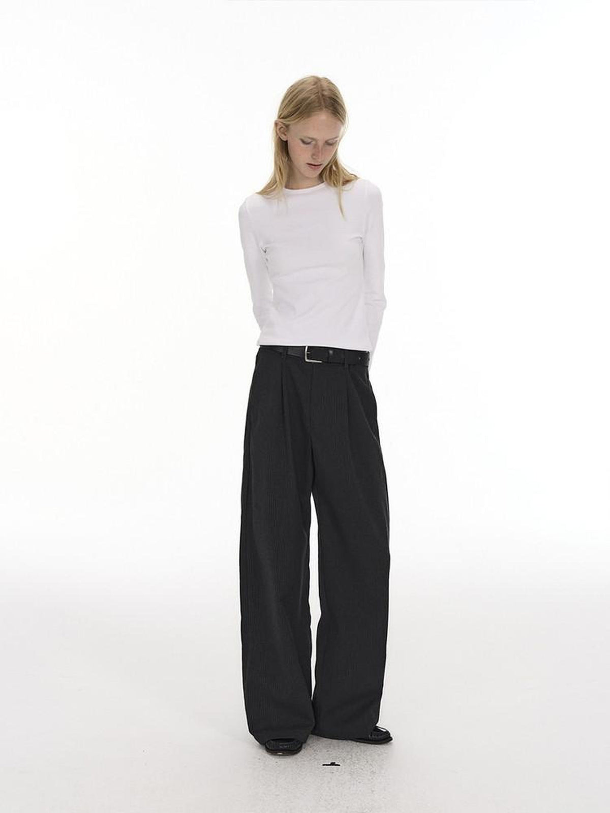 Country Moment Black Striped Midrise Wide Leg Casual Zipper Polyester Straight Pants