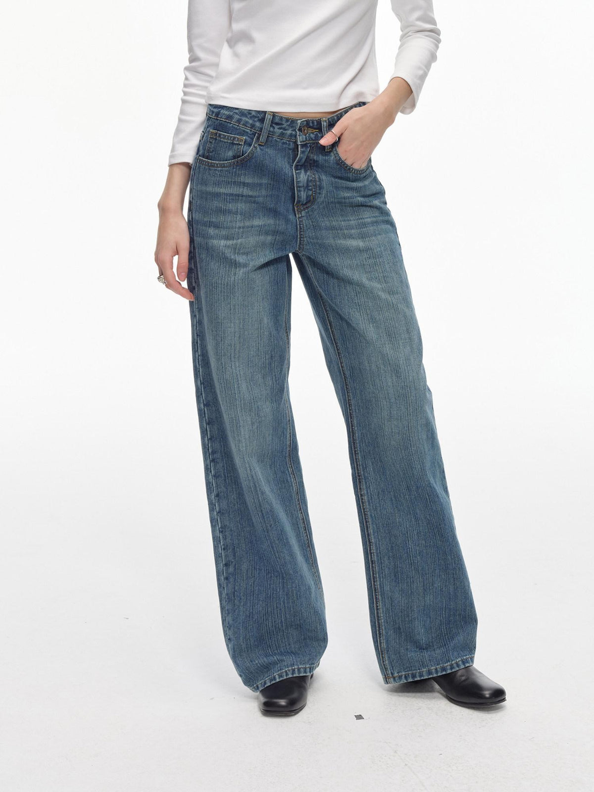 Country Moment Soft Washed Mid Rise Loose Micro Stretch Denim Cotton Blend Straight Leg Jeans