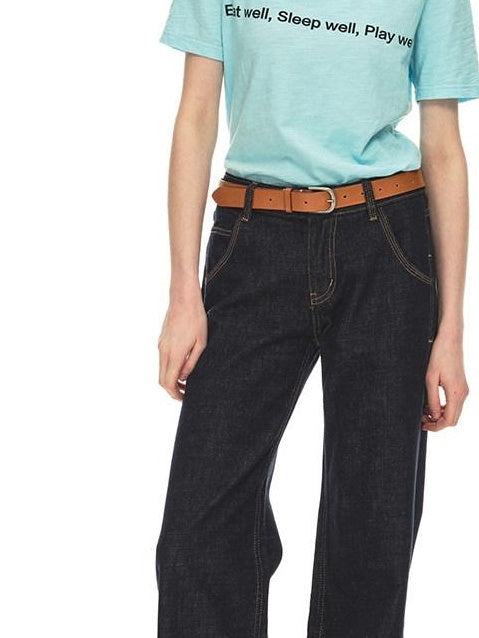 Country Moment Breathable 100 Percent Cotton Mid Rise Dark Blue Casual Women Straight Leg Jeans