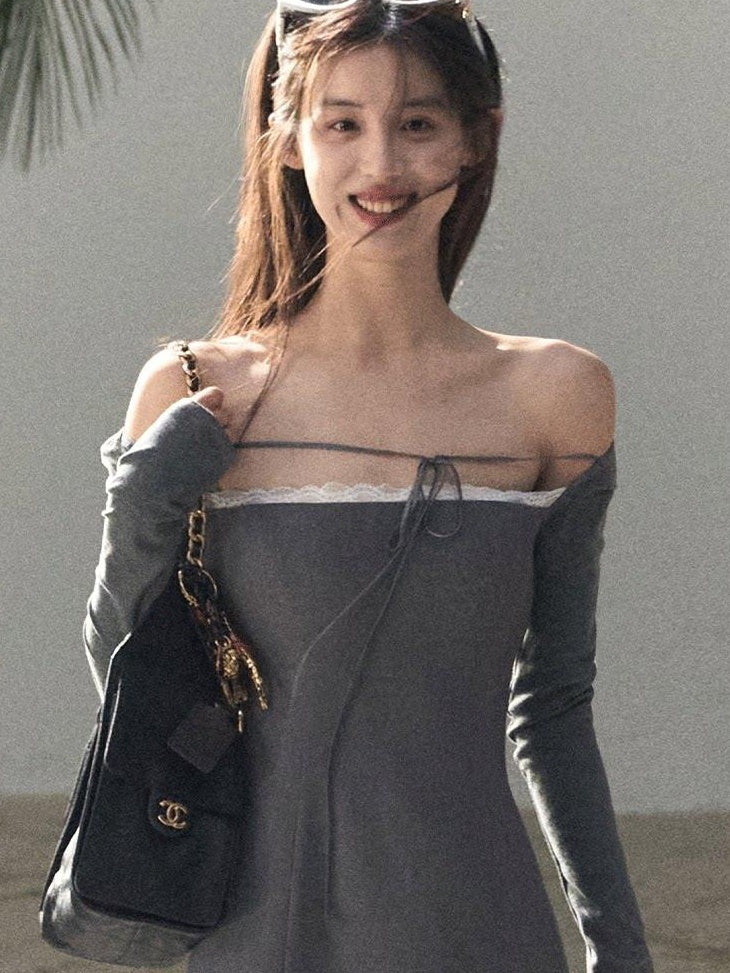 7 OAKMOO Waist Cinch Casual One Shoulder Long Sleeve Slim Viscose Blend Mini Dresses