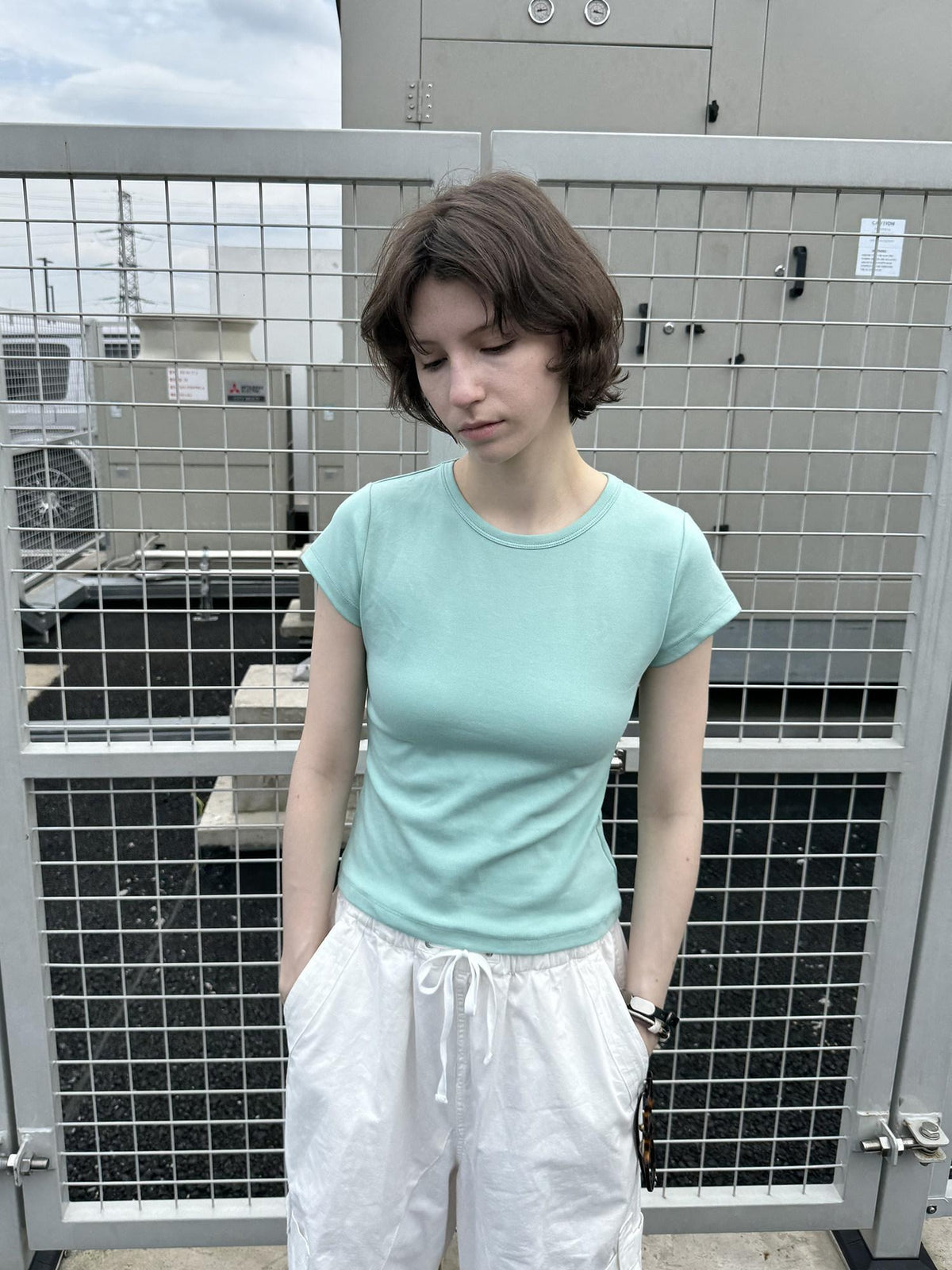 Country Moment Cotton Slim Fit Street Crew Neck Short Sleeve Solid White Teal Basic Crop Tops