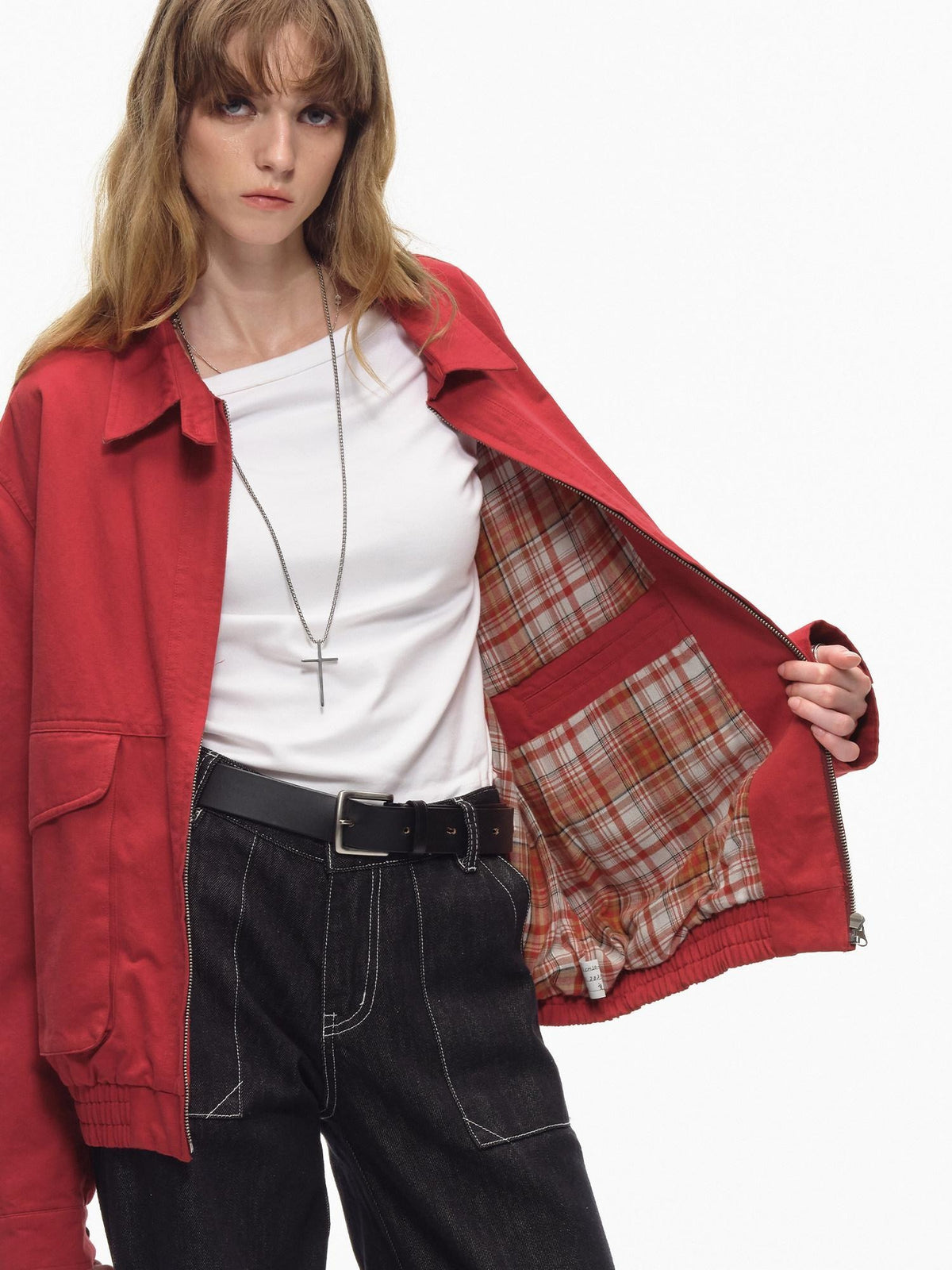 Country Moment Warm Pure Cotton Relaxed Fit Zip Front Rib Hem Unisex Chili Red Cropped Jackets